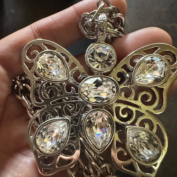 16”, vintage 925 silver necklace w butterfly pendant w cz clear stones - Picture 2 of 10